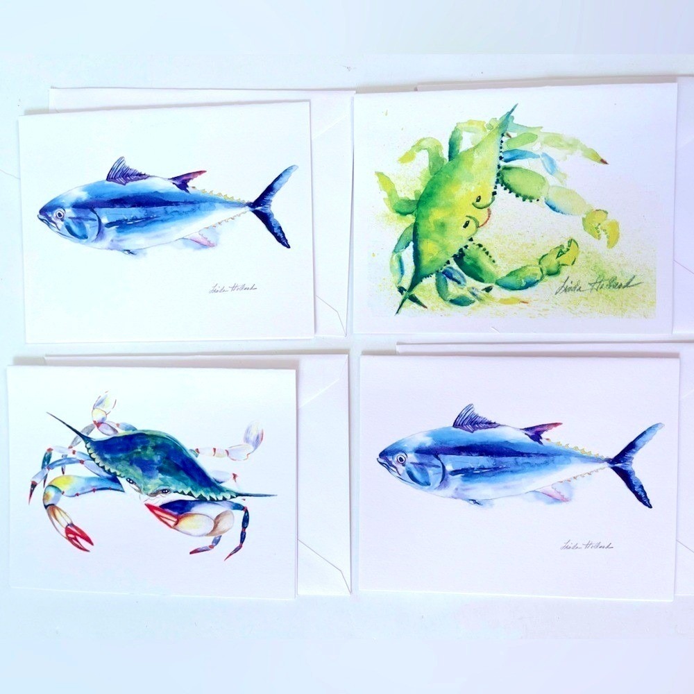 Crab Fish Coastal Notecards Stationary Colorful Watercolor Prints Set Of 4 NWOT
